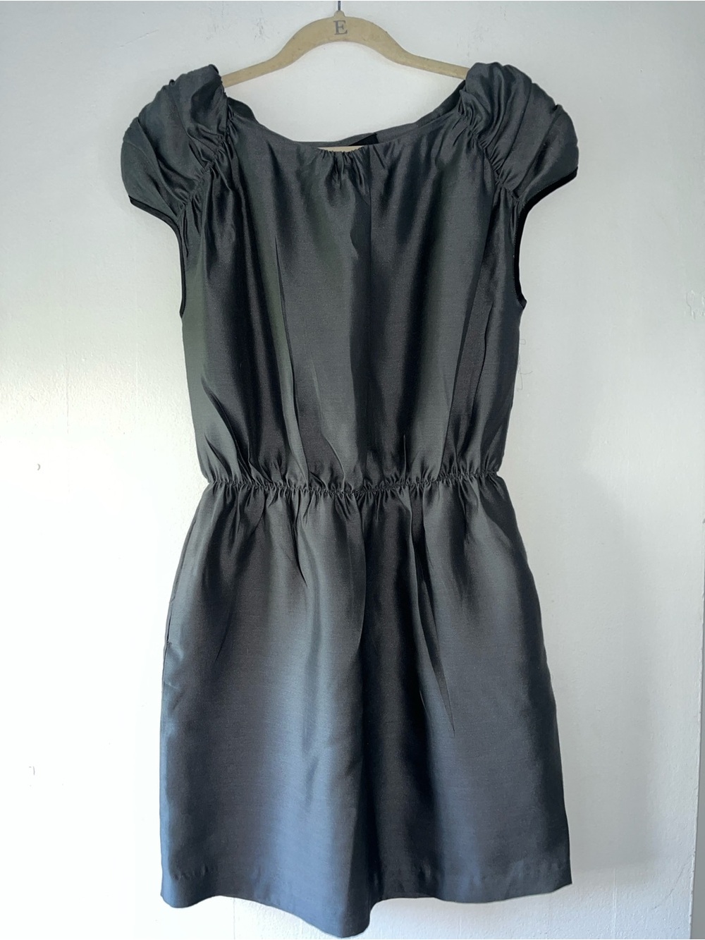 Vintage Cynthia Rowley Grey Short-Sleeve Silk Elastic-Waist Mini Dress